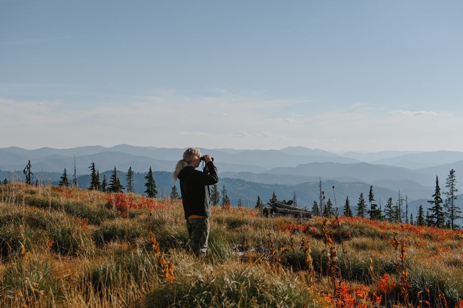 Woman with binoculars enjoying the vast mountain landscape under a clear blue sky.